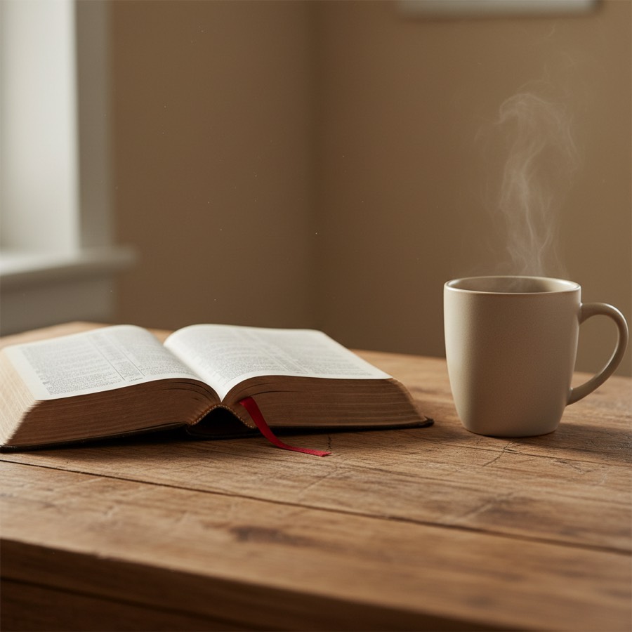 An open Bible on a table beside a mug of coffee