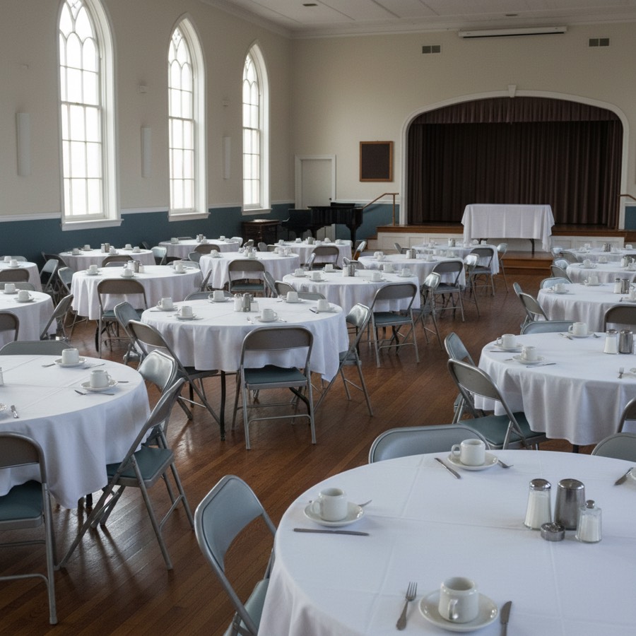 Tables set up in the fellowship hall