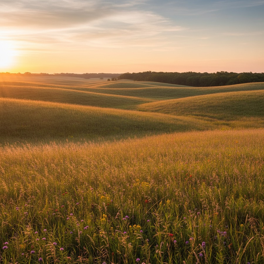 Tallgrass prairie outside Lawrence at golden hour